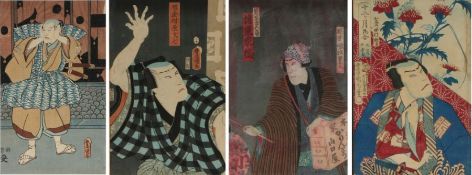 Japanese woodblock prints, depicting Samurai Kabuki and actors, (4)