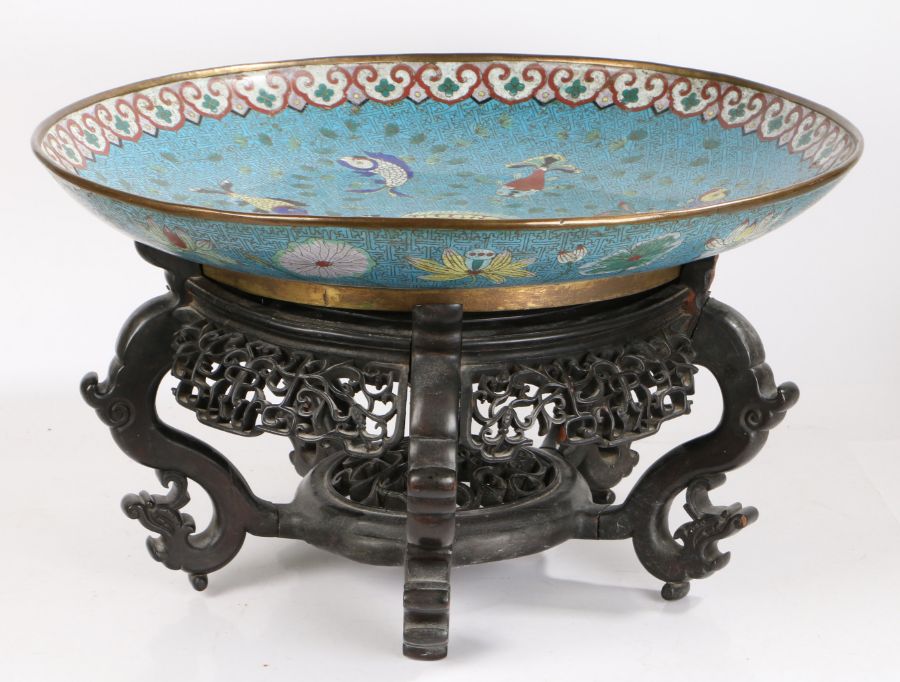 A large Chinese cloisonné charger/dish, decorated with a blue ground and multiple colourful fish a