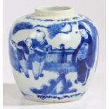 A Chinese porcelain ginger jar, Kangxi mark but later, decorated in blue and white as a figural