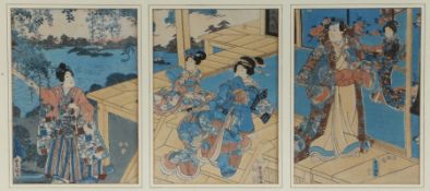After Utagawa Kunisida (Japanese, 1786-1865), Woodblock Triptych, Edo Period, signed.  Woodblock