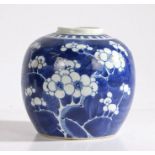 A Chinese blue and white porcelain ginger jar, decorated with a cherry blossom design to the body,