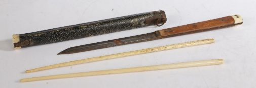 Chinese eating trousse, late Qing Dynasty, with a shagreen scabbard with inlaid bone characters, a