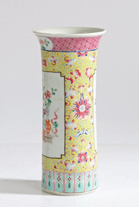 A Chinese famille rose cylindrical vase, the central panels painted with flower filled vases - Image 8 of 9