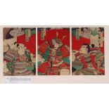 Utagawa Kunisada III (1848–1920) triptych, woodblock print, Three Samurai, 69cm x 32cm mounted