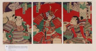 Utagawa Kunisada III (1848–1920) triptych, woodblock print, Three Samurai, 69cm x 32cm mounted