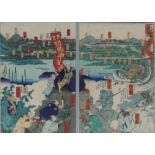 Utagawa Yoshifuji, (1828-1887) diptych woodblock print, Seven Strange Tales of the Hokuetsu