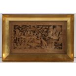 Chinese carved panel, Qing Dynasty, Canton, the figural scene depicting a busy waterway with pagoda,