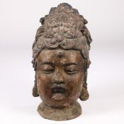 A large Chinese metal head of Guamyin, traces of old paint, 56cm high