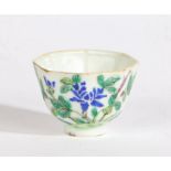 A Chinese porcelain octagonal cup painted with blue chrysanthemums and a verse, early 20th century.