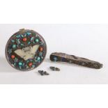 A Chinese jade, enamel and turquoise set hand mirror, the back of the mirror set with a jade