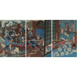 Japanese woodblocks, to include a triptych with samurai, red and blue, 23cm x 34cm, (3)