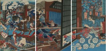 Japanese woodblocks, to include a triptych with samurai, red and blue, 23cm x 34cm, (3)