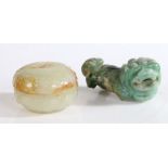 A Chinese jade dragon, curled mane and tail, three of the four legs absent, together with a pot
