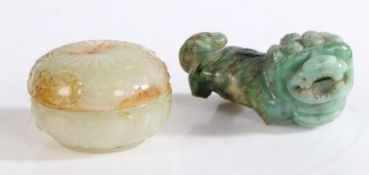 A Chinese jade dragon, curled mane and tail, three of the four legs absent, together with a pot