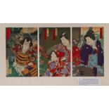 After Toyohara Kunichika (1835-1900) triptych woodblock print, Surprise visitor and Solemn, 69cm x