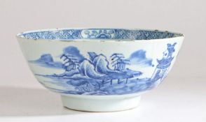 A Chinese blue and white porcelain bowl for export, finely painted with figures, buildings and a