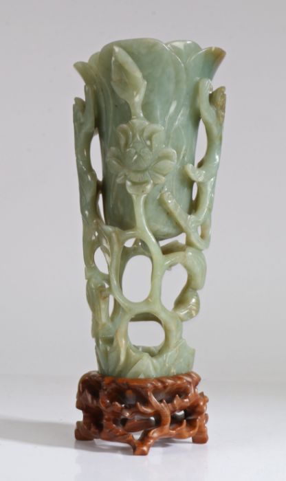A large Chinese pierced jade Magnolia cup, late Ming Dynasty, 17th Century, of tall slender form,