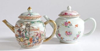 Two Chinese porcelain famille rose export teapots and covers, one delicately painted and gilt with