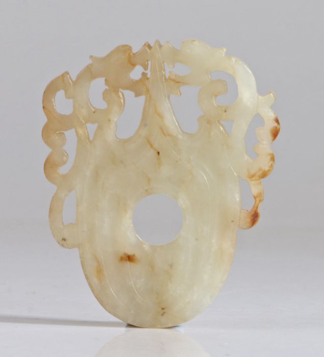 A Chinese jade plaque, Han Dynasty (206 B.C.-220 A.D.) of flattened form, the shoulders carved - Image 2 of 2