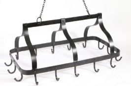 A wrought iron 'canopy’ hanging pot or game hook The top strap with chain hanging, supporting