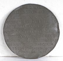 A rare George III pewter hornbook, named and dated 1781 Of flat circular form, engraved with bands