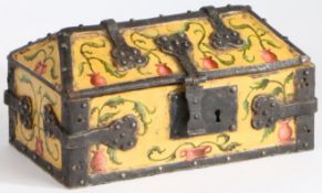 A 13th/14th Century style coffret The lid of gabled-form, floral painted, with iron mounts, 29cm