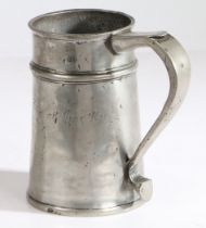 A rare George I pewter quart high single-fillet straight-sided tavern pot, circa 1715 Having a