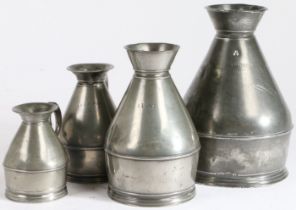 Four pewter Irish haystack measures Quart, pint, half-pint and noggin, all bearing mark of Joseph