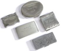 A group of five 19th century pewter pocket snuff boxes, English To include an oval example, the