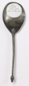 A pewter acorn knop spoon, possibly mid-16th century Having a slender hexagonal stem and fig-