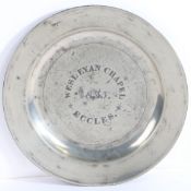 A good George III pewter plain rim plate, Worcestershire, circa 1770 The well later engraved ‘