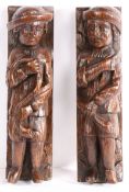 An unusual pair of oak carved figural terms, Flemish, circa 1600 Each designed as a male, with