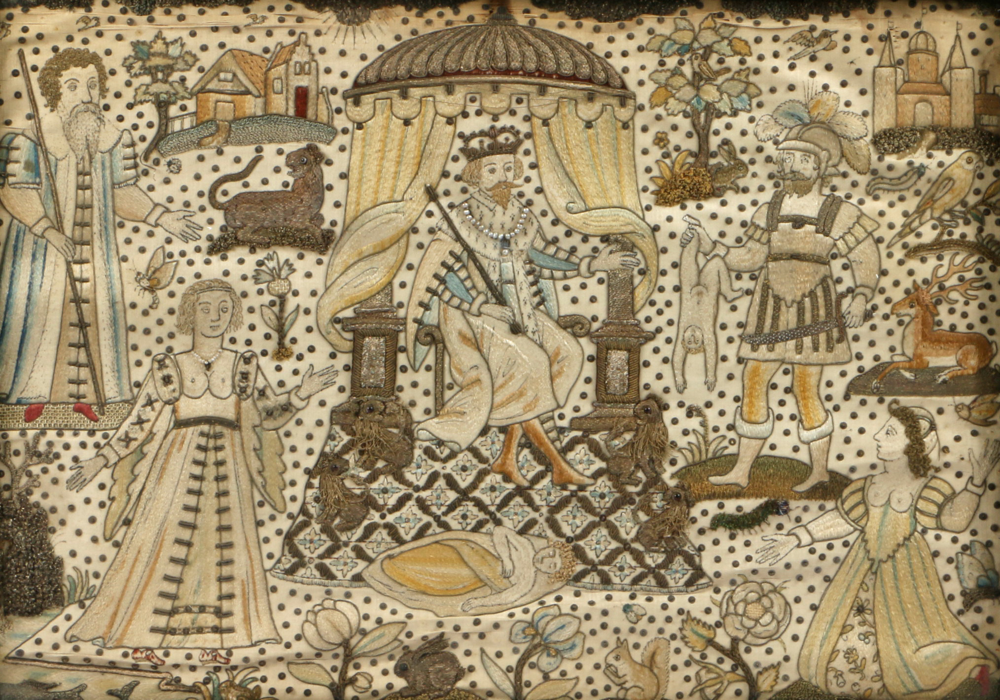 A good mid-17th century needlework picture, English, circa 1650-70 Worked in coloured silks and