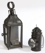 Two Victorian sheet iron lanterns, circa 1880 One of rectangular hand or pendant form, with glass