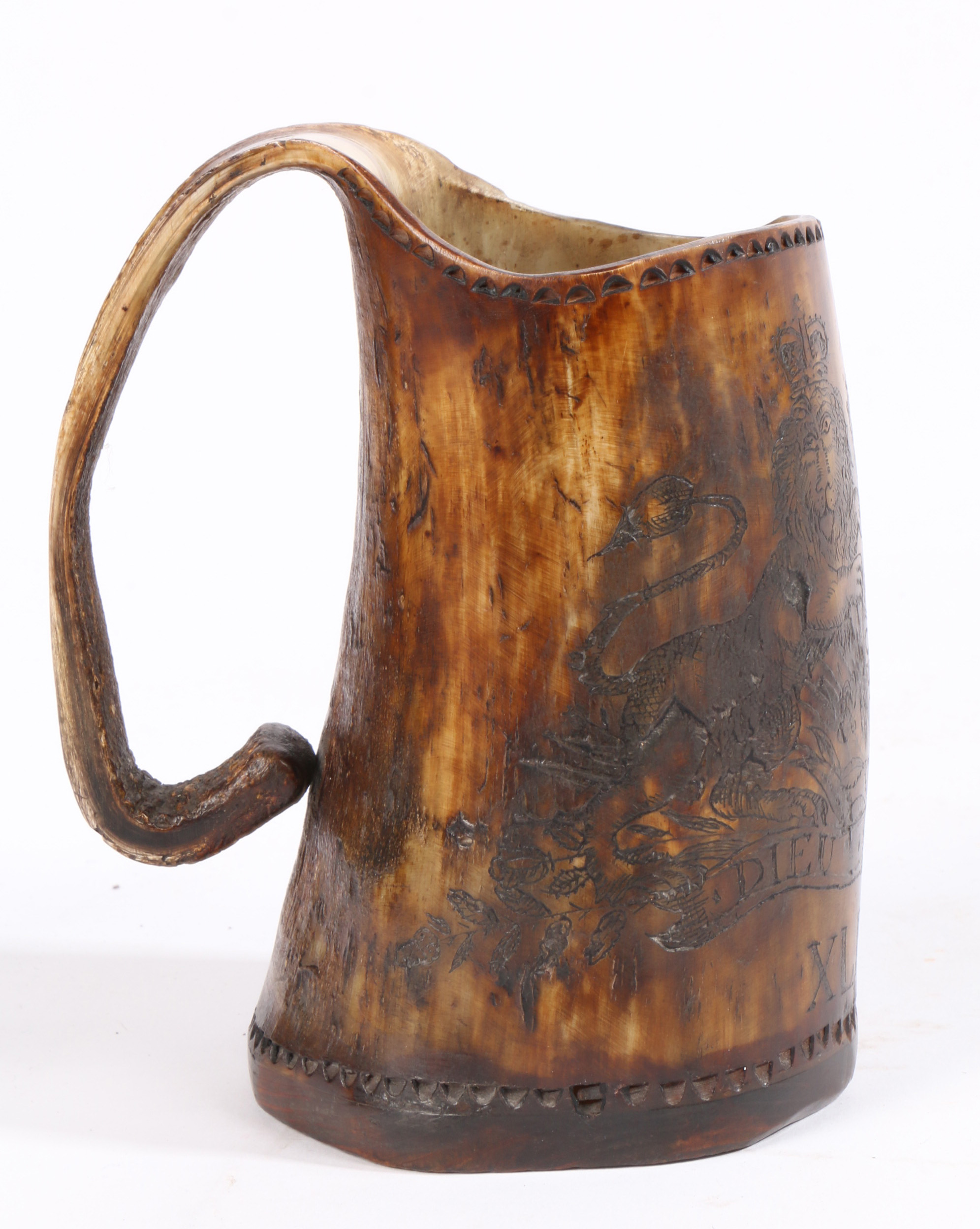 An interesting early George III engraved horn tankard, dated 1761 Engraved with the royal cypher, - Image 3 of 3