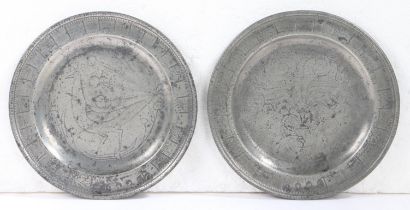 A rare pair of Queen Anne pewter single-reed rim wrigglework marriage plates, circa 1710 Each rim