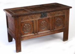 A Charles II joined oak coffer, South Yorkshire/Lincolnshire, circa 1660 Having a triple-panelled