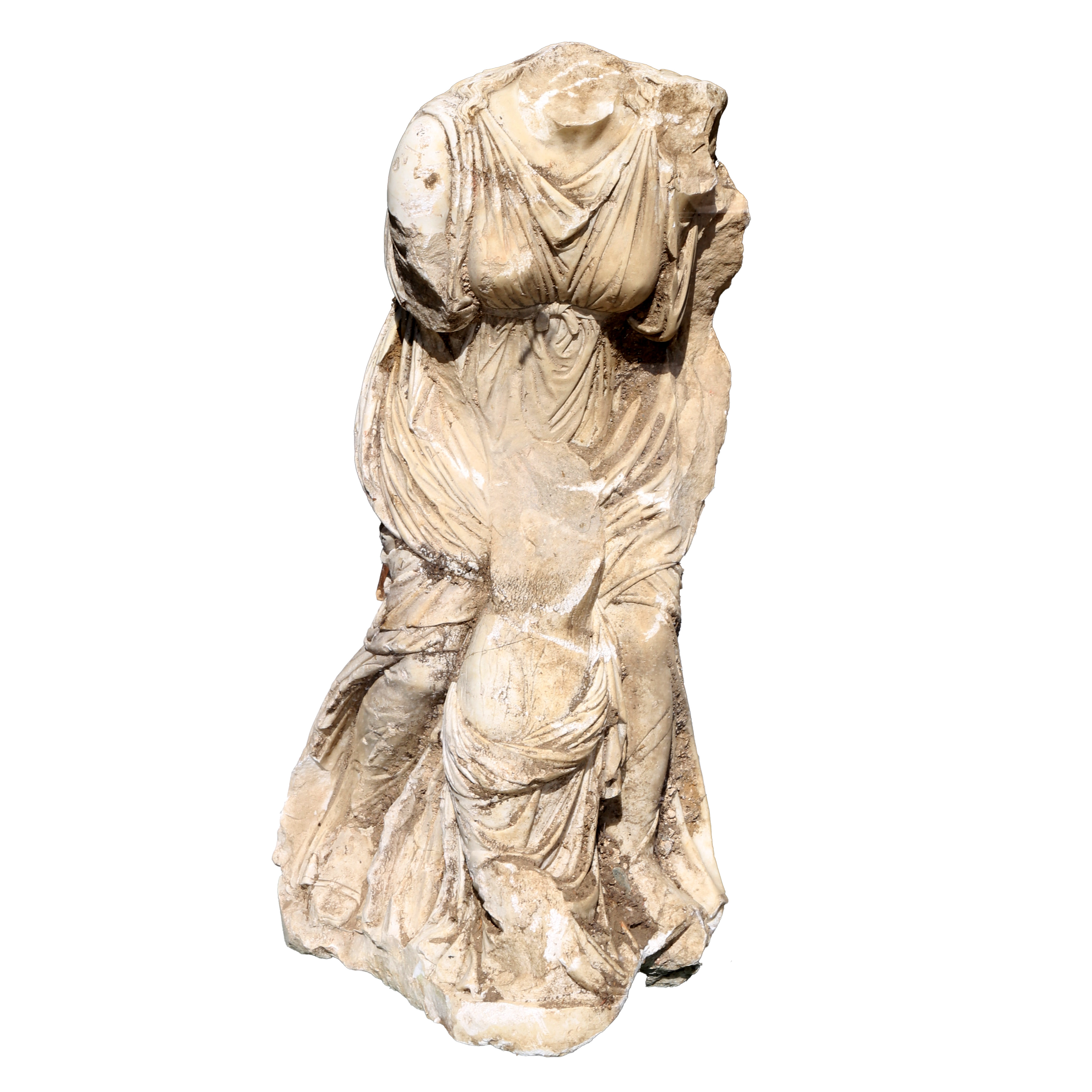 An 18th Century marble figure, modelled as a lady wearing a flowing robe tied with a bow to her