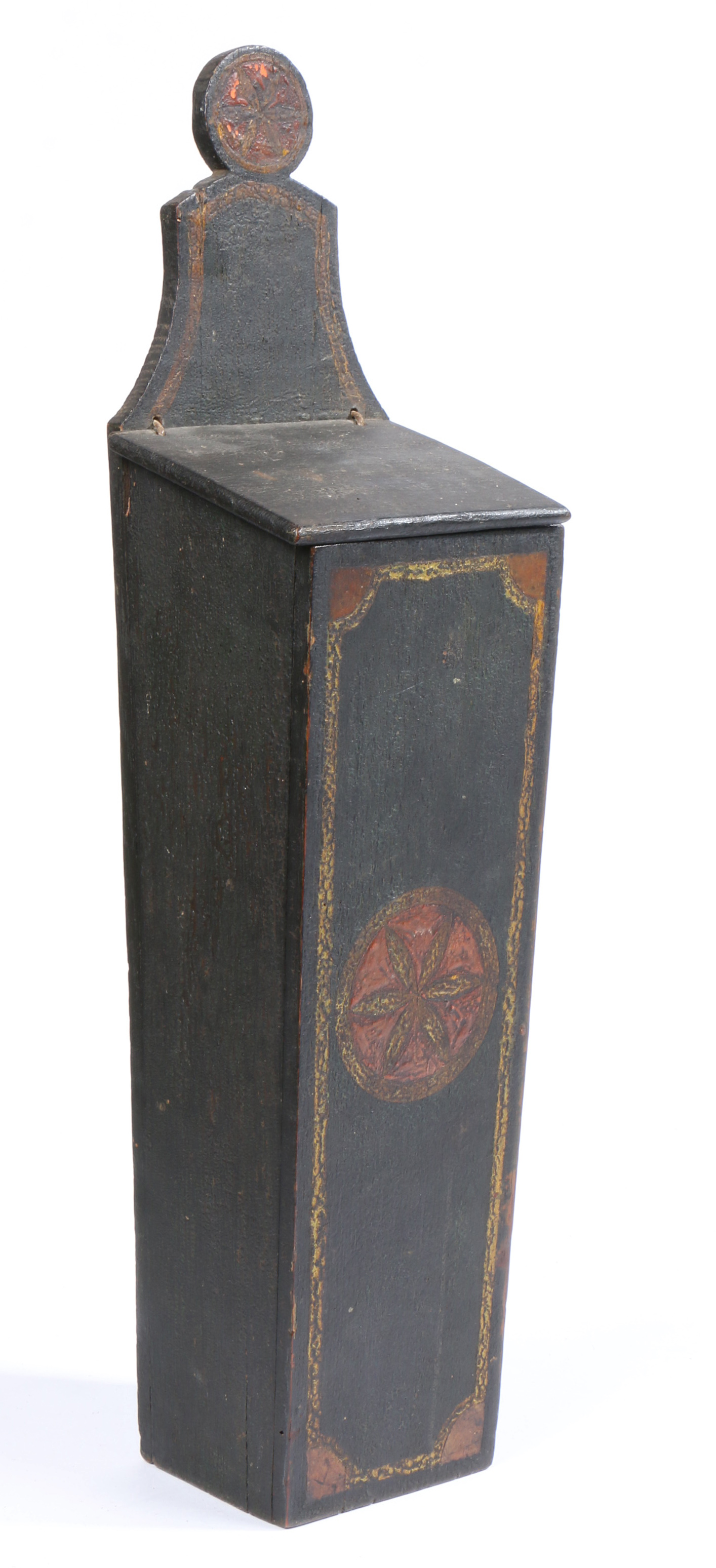 A George III painted mural candle box, circa 1800 The backplate with a red and yellow roundel,