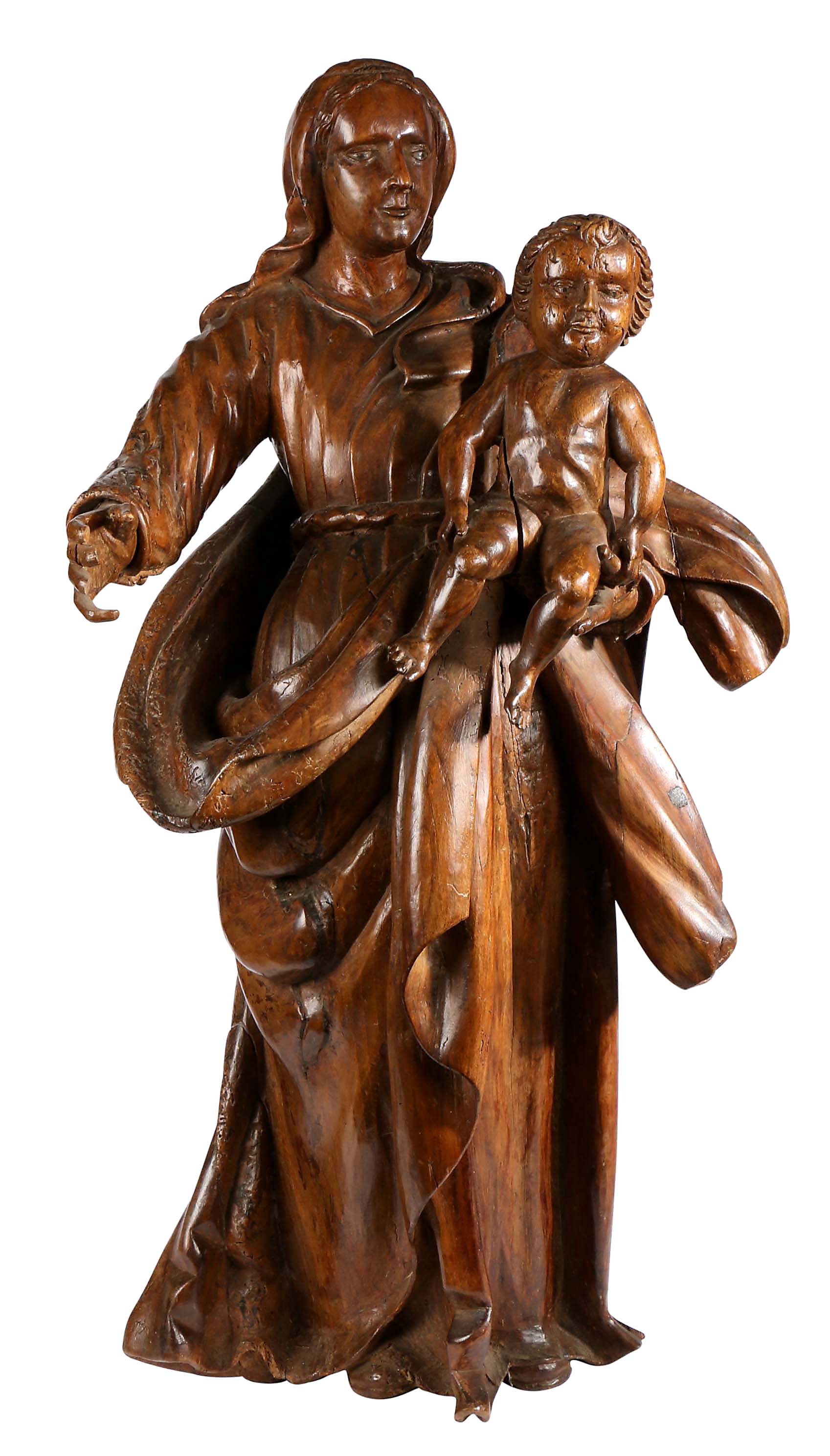 An 18th century walnut figural carving of the Madonna and Child The Virgin wearing flowing robes, - Image 3 of 3