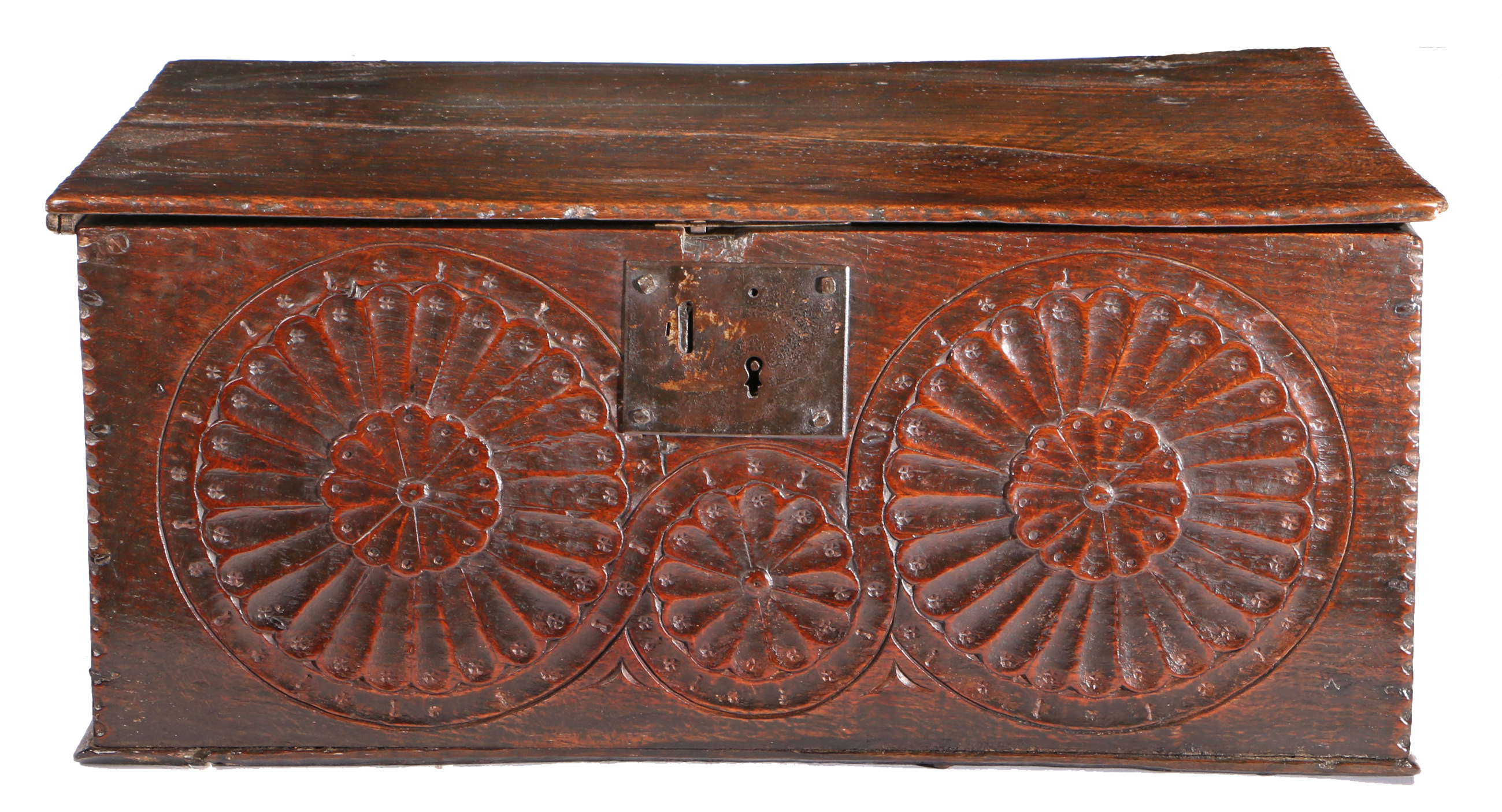 A good Charles I boarded oak box, West Country, circa 1640 Having an impressive one-piece top with