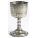 A rare and documented Charles II pewter chalice, circa 1680 Having a deep bowl with paired low