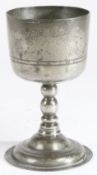 A rare and documented Charles II pewter chalice, circa 1680 Having a deep bowl with paired low