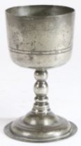 A rare and documented Charles II pewter chalice, circa 1680 Having a deep bowl with paired low