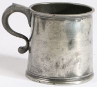 A George II/III pewter mug, circa 1740-70 Of squat, straight-sided form, with lip and reeded