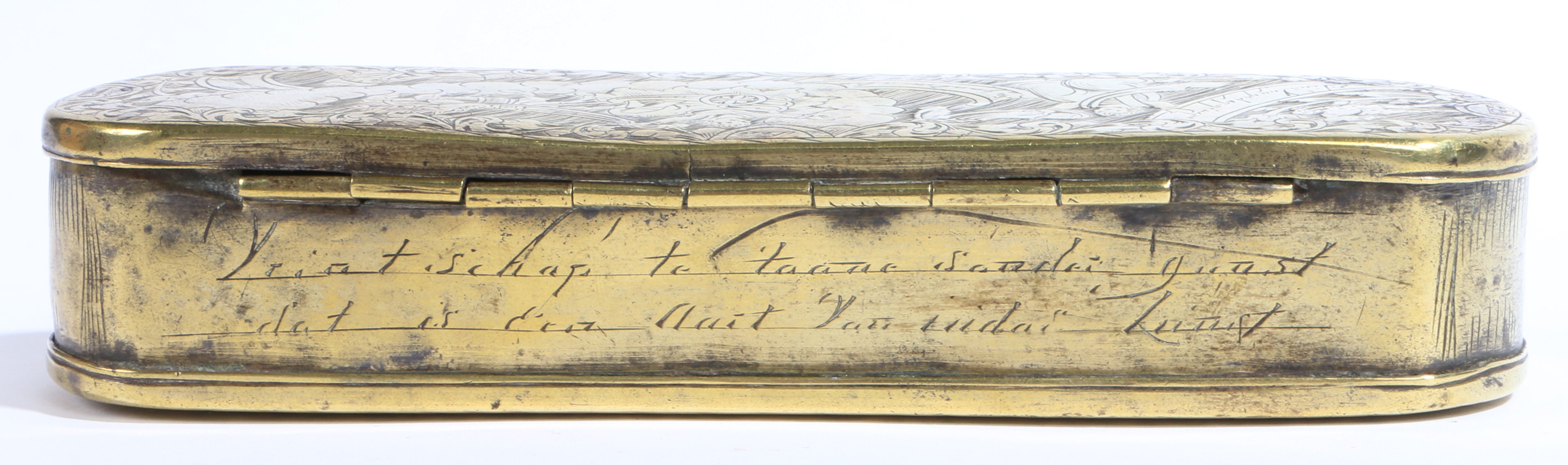 A mid-18th century brass engraved tobacco box, Dutch, circa 1750 Of rounded-rectangular form, the - Image 3 of 4
