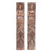 A pair of Elizabeth I carved oak terms, circa 1600 Each female, with long wavy hair, naked torso,