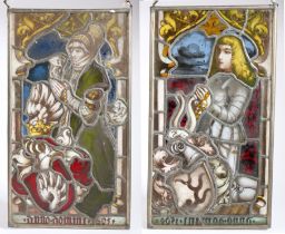 A pair of interesting stained glass panels, dated 1500 and 1505 respectively The first designed with