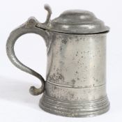A George II pewter OEAS pint domed-lidded straight-sided tankard, circa 1750 The drum with low
