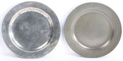 Two early to mid-18th century pewter plain rim plates, Yorkshire, circa 1720-55 One with hallmarks